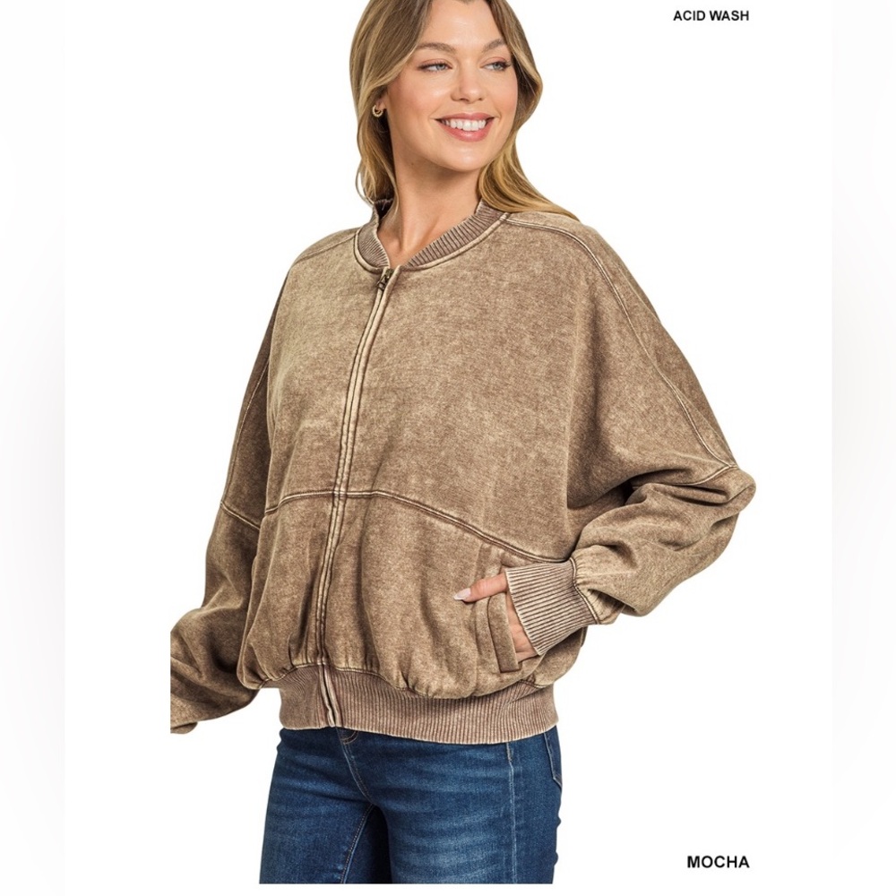 Zenana Outfitters Mocha Acid Wash Bomber Zip-Up Sweatshirt